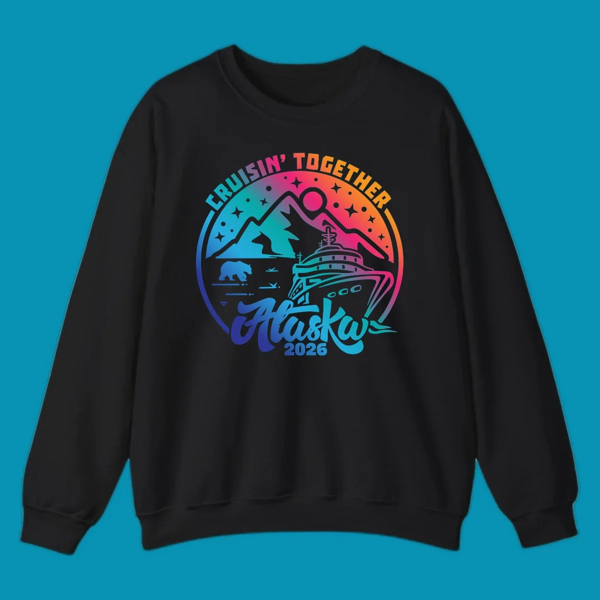 Colorful circular badge design with cruise ship, snow mountains, bear, and stars for Cruisin Together Alaska 2026 group cruise shirts
