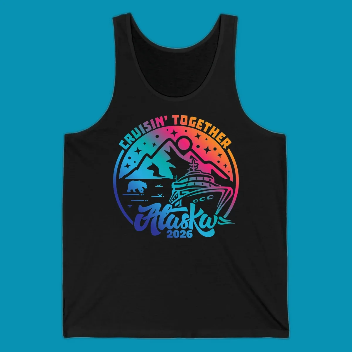 Colorful circular badge design with cruise ship, snow mountains, bear, and stars for Cruisin Together Alaska 2026 group cruise shirts