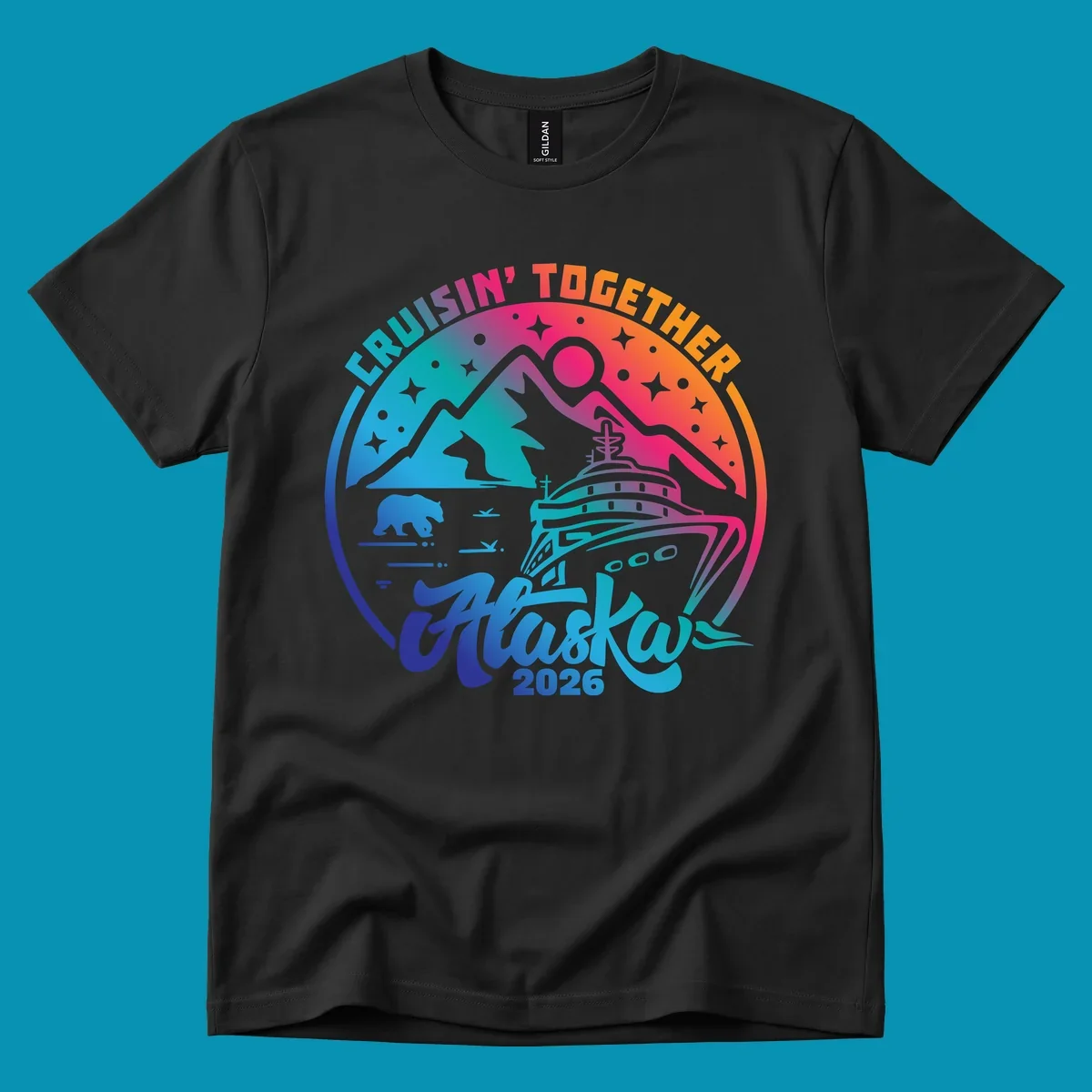 Colorful circular badge design with cruise ship, snow mountains, bear, and stars for Cruisin Together Alaska 2026 group cruise shirts