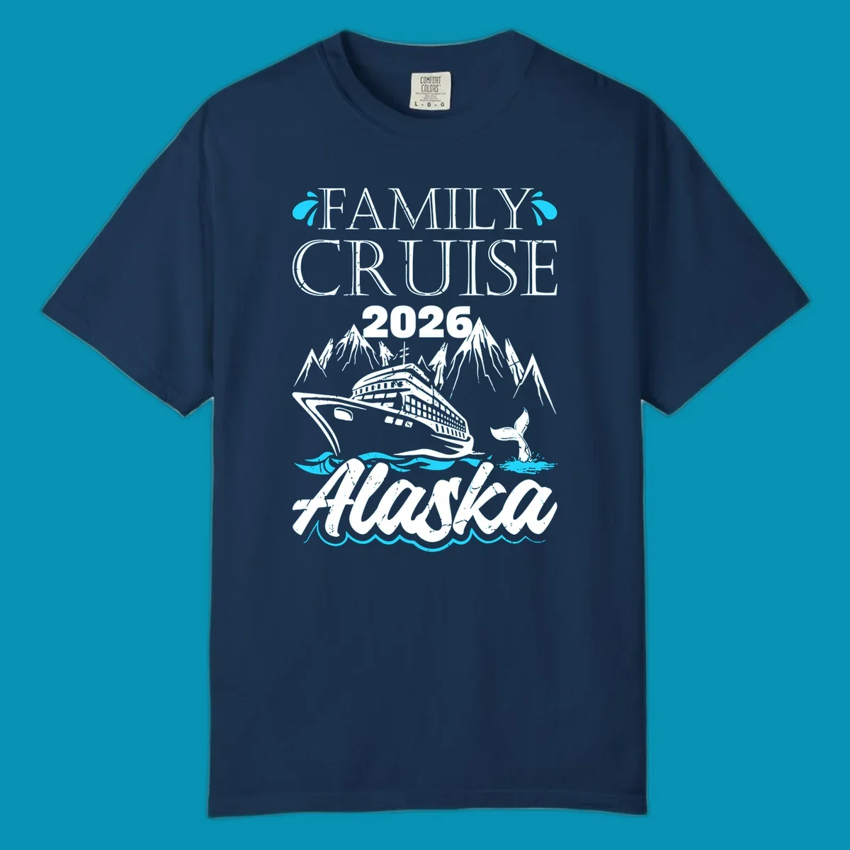 Bright cyan and turquoise illustration of ocean waves, swimming fish, and water splashes framing top and bottom borders—Alaska ocean waves nautical design