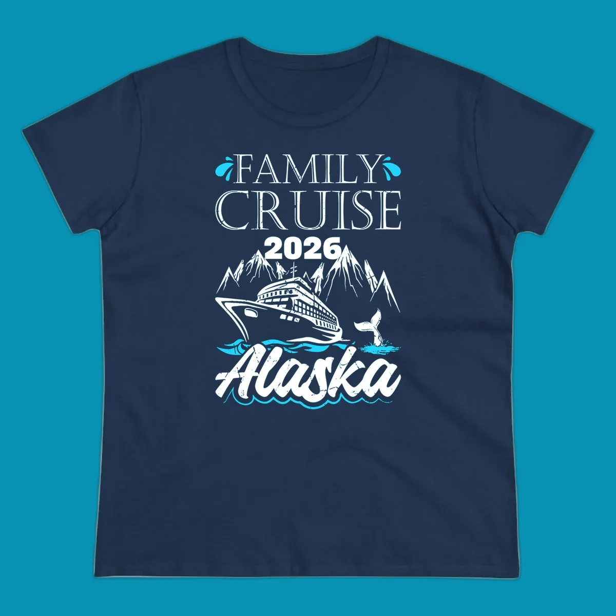 Bright cyan and turquoise illustration of ocean waves, swimming fish, and water splashes framing top and bottom borders—Alaska ocean waves nautical design