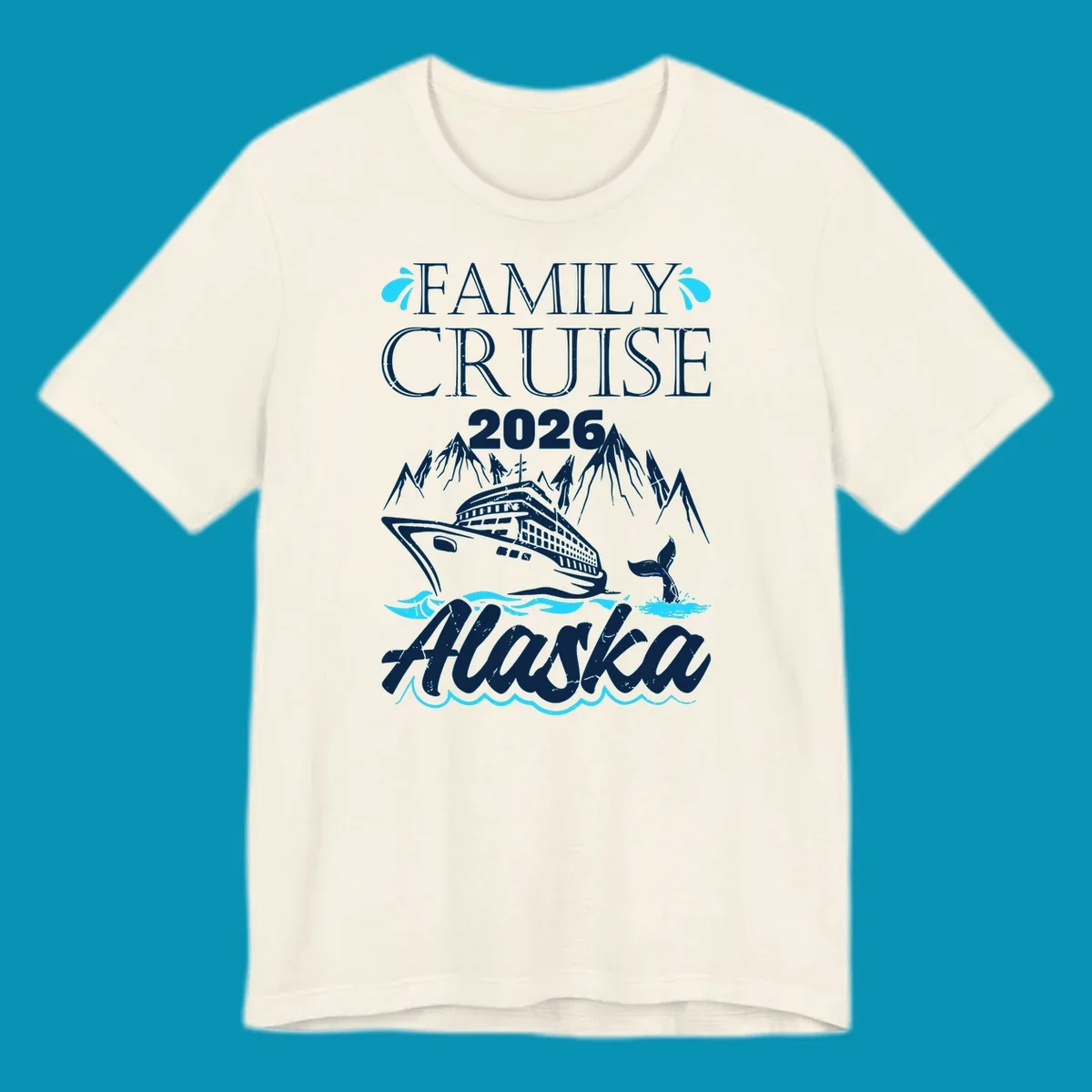 Bright cyan and turquoise illustration of ocean waves, swimming fish, and water splashes framing top and bottom borders—Alaska ocean waves nautical design