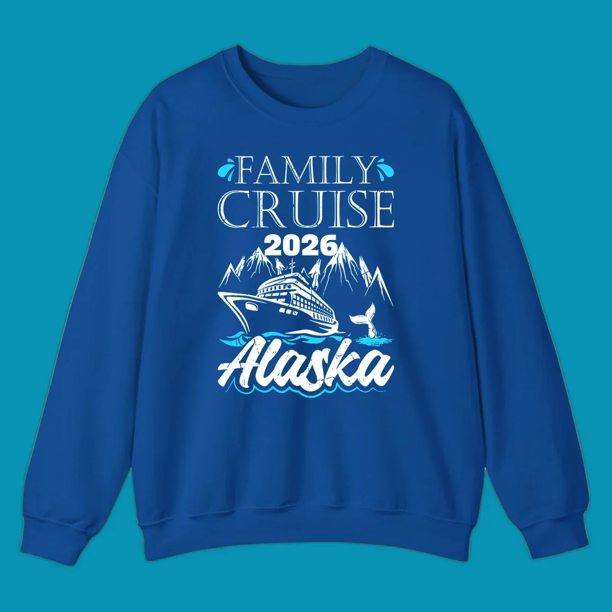 Bright cyan and turquoise illustration of ocean waves, swimming fish, and water splashes framing top and bottom borders—Alaska ocean waves nautical design