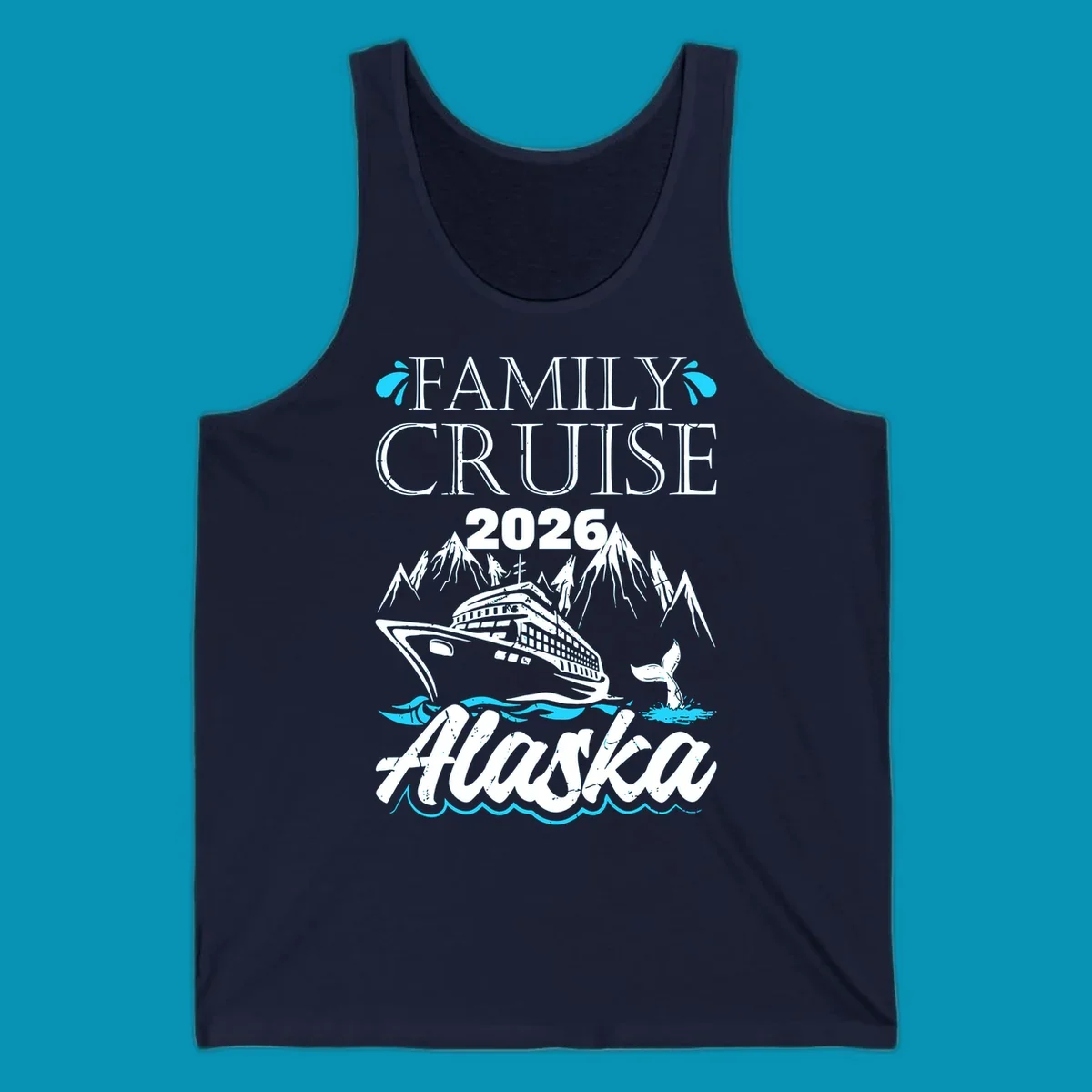 Bright cyan and turquoise illustration of ocean waves, swimming fish, and water splashes framing top and bottom borders—Alaska ocean waves nautical design