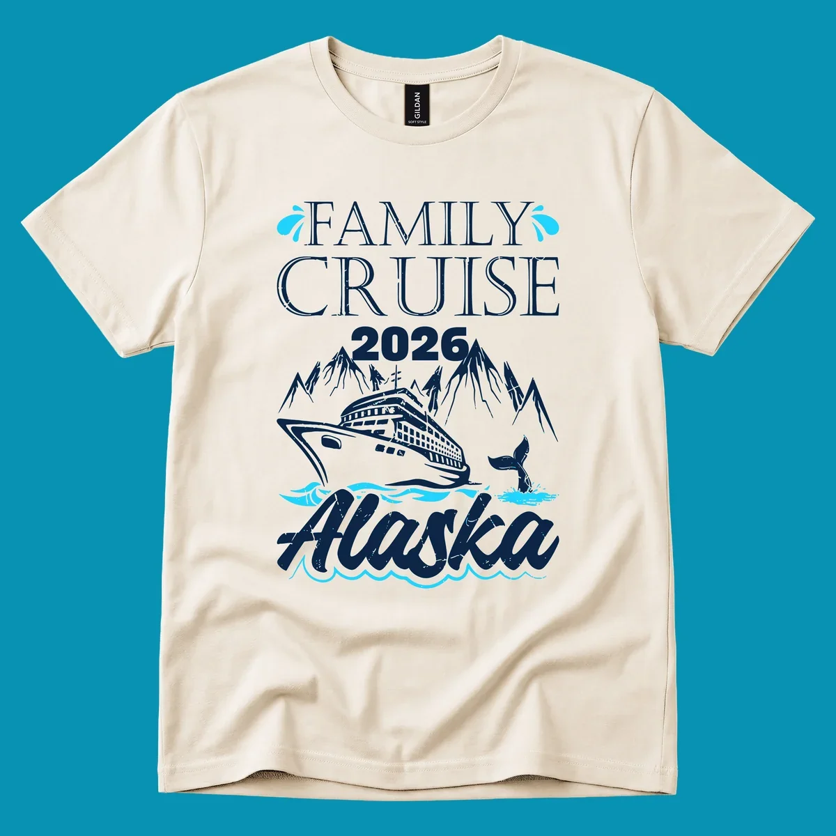 Bright cyan and turquoise illustration of ocean waves, swimming fish, and water splashes framing top and bottom borders—Alaska ocean waves nautical design