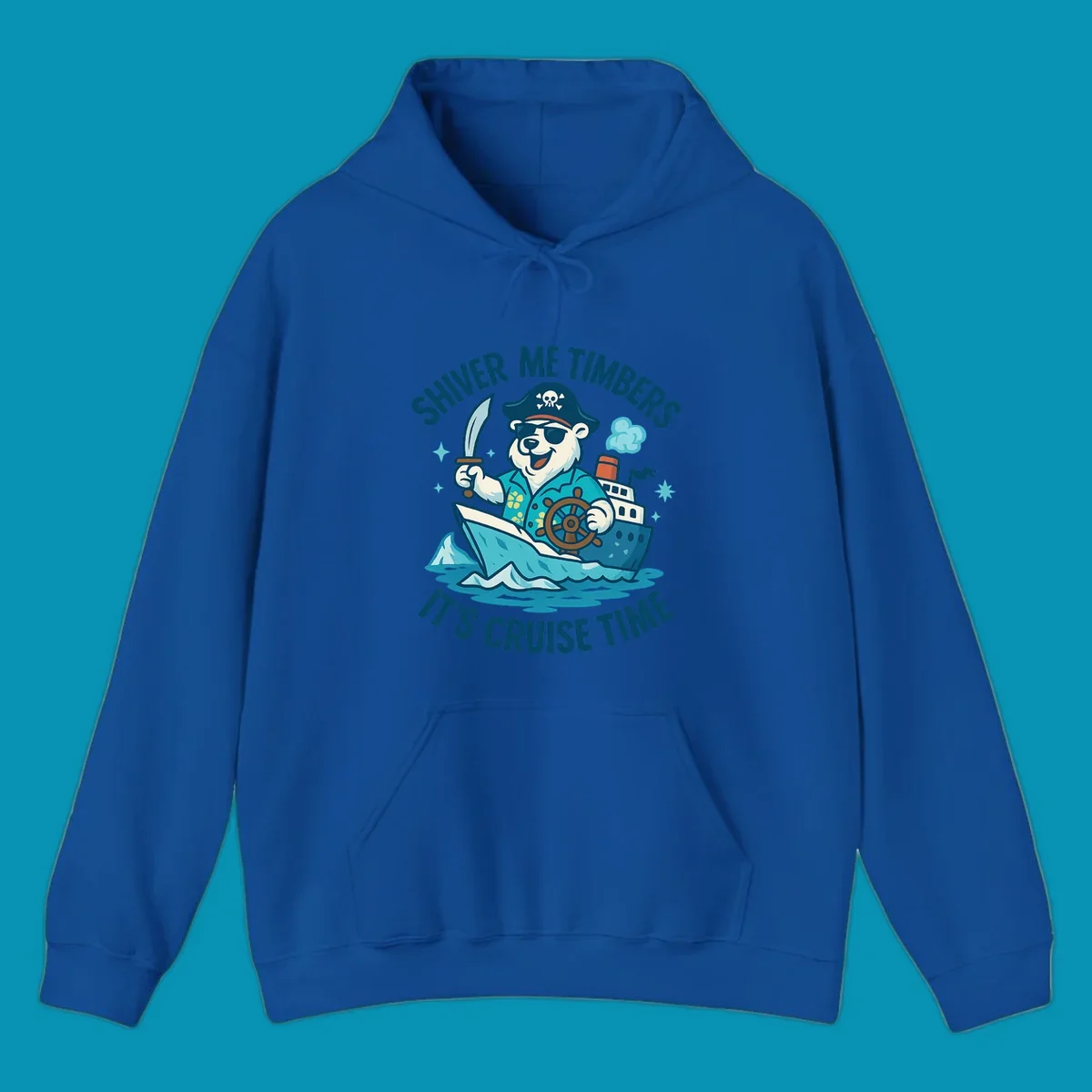 Cheerful pirate bear captain with eye patch and sword aboard a cruise ship in icy waters, text reads 'Shiver Me Timbers It's Cruise Time'