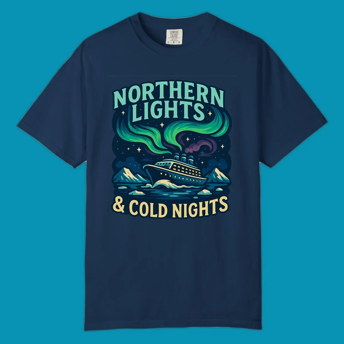 Northern lights cruise ship design featuring aurora borealis above a sailing vessel with mountains and icebergs