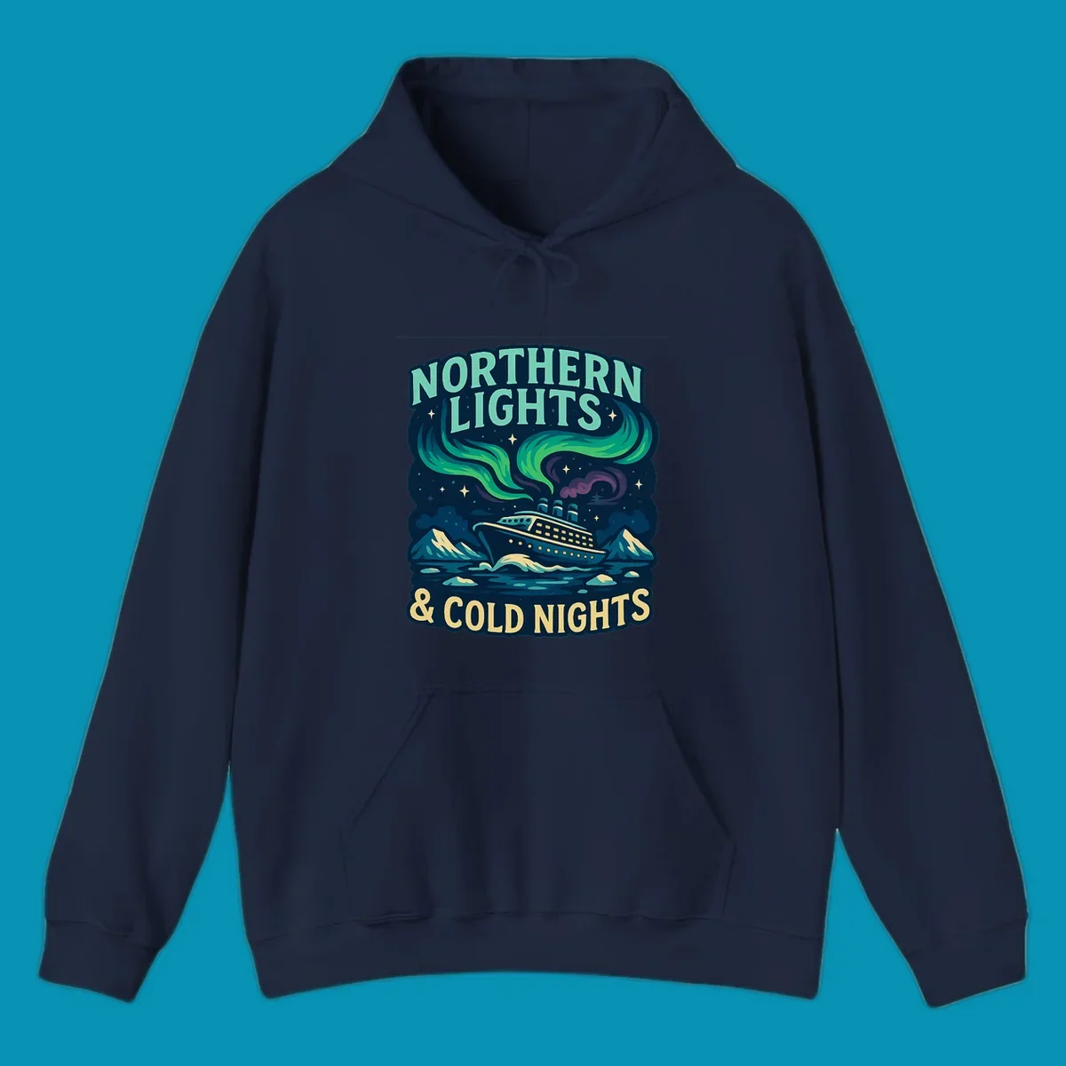 Northern lights cruise ship design featuring aurora borealis above a sailing vessel with mountains and icebergs
