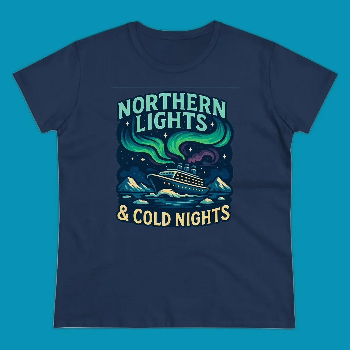 Northern lights cruise ship design featuring aurora borealis above a sailing vessel with mountains and icebergs