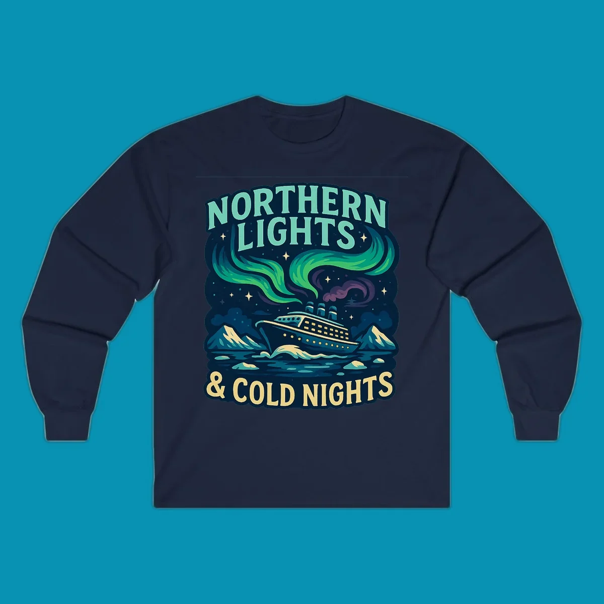 Northern lights cruise ship design featuring aurora borealis above a sailing vessel with mountains and icebergs
