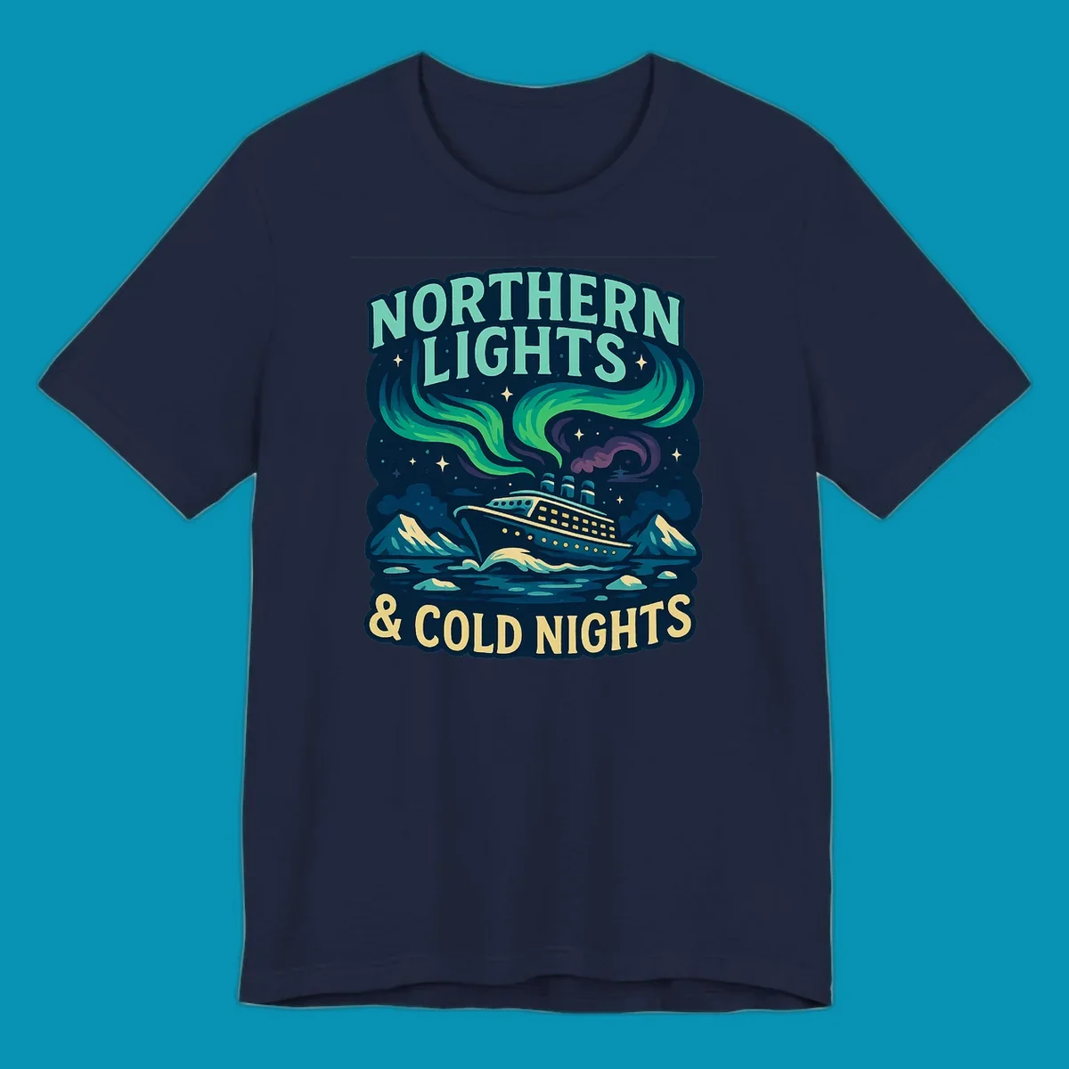 Northern lights cruise ship design featuring aurora borealis above a sailing vessel with mountains and icebergs