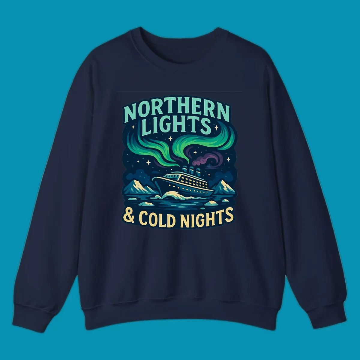 Northern lights cruise ship design featuring aurora borealis above a sailing vessel with mountains and icebergs
