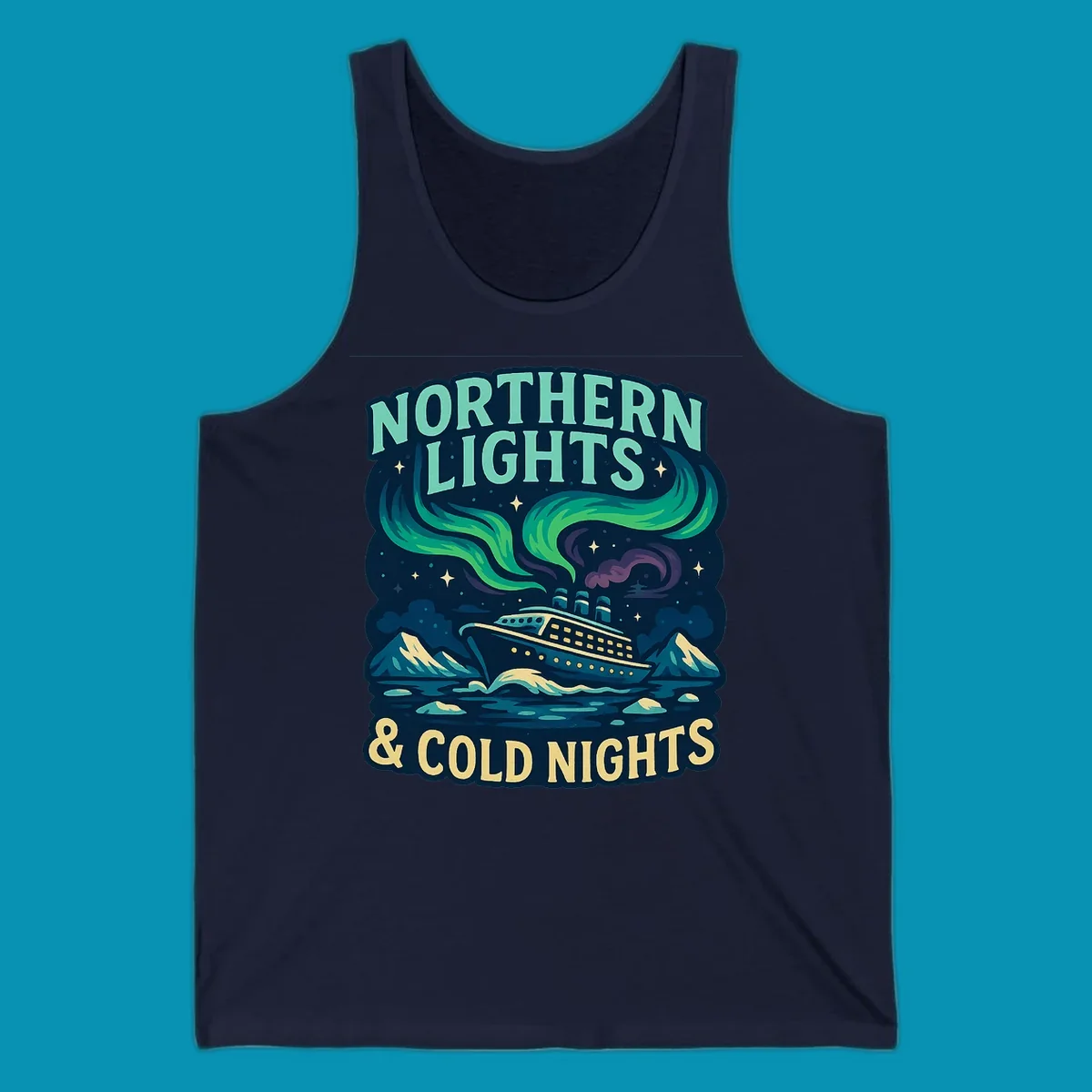 Northern lights cruise ship design featuring aurora borealis above a sailing vessel with mountains and icebergs