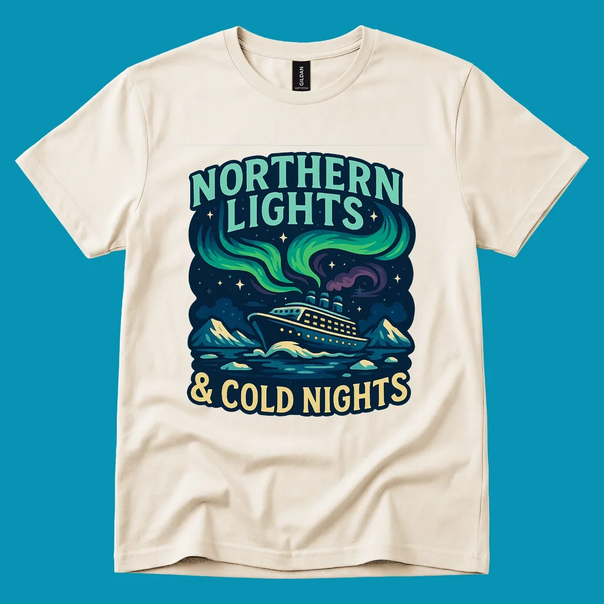 Northern lights cruise ship design featuring aurora borealis above a sailing vessel with mountains and icebergs