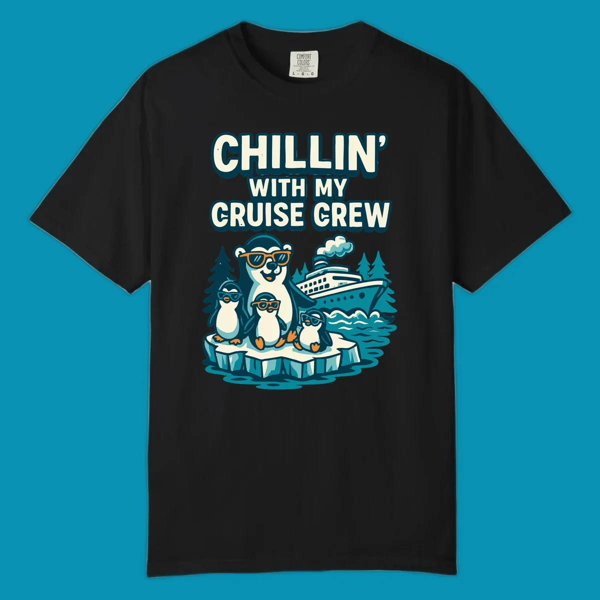 Illustration of four penguins in sunglasses on ice with cruise ship and 'Chillin' With My Cruise Crew' text, Alaska-themed design
