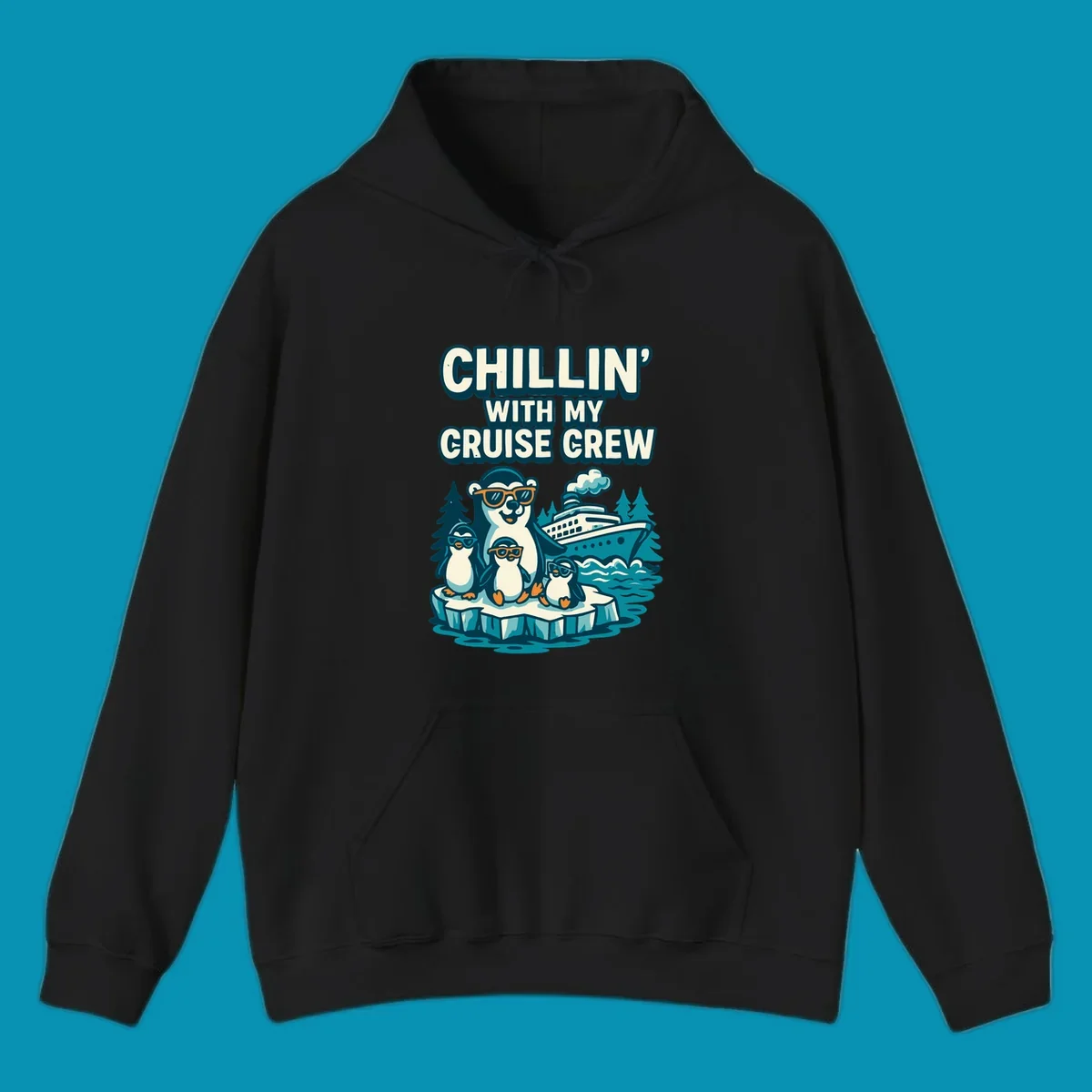 Illustration of four penguins in sunglasses on ice with cruise ship and 'Chillin' With My Cruise Crew' text, Alaska-themed design