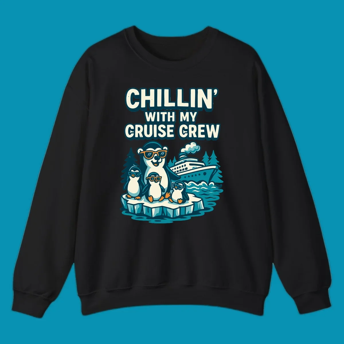 Illustration of four penguins in sunglasses on ice with cruise ship and 'Chillin' With My Cruise Crew' text, Alaska-themed design