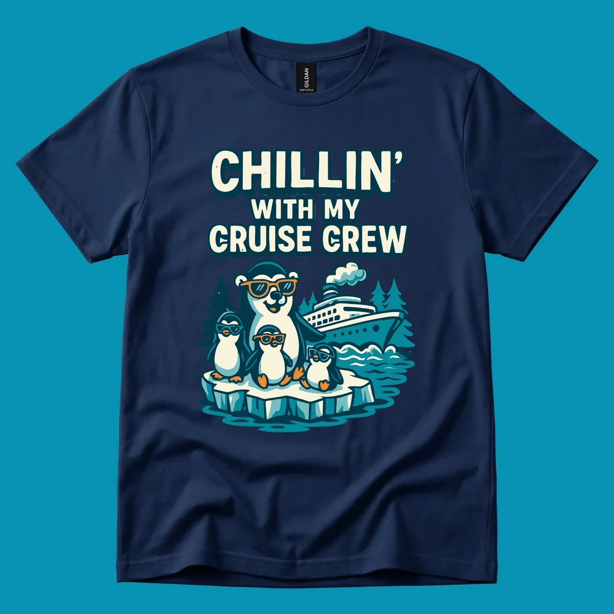 Illustration of four penguins in sunglasses on ice with cruise ship and 'Chillin' With My Cruise Crew' text, Alaska-themed design