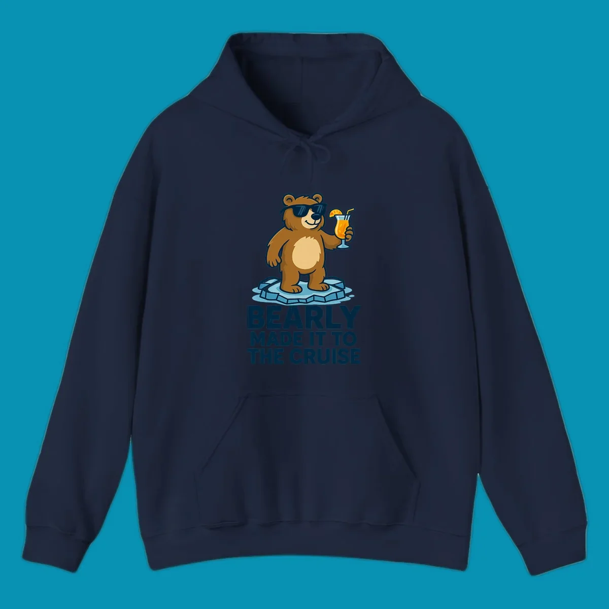 Cartoon bear wearing sunglasses on ice floe holding tropical drink with bearly made it to the cruise text