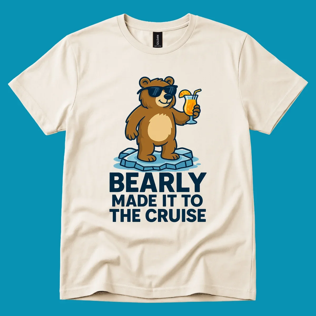 Cartoon bear wearing sunglasses on ice floe holding tropical drink with bearly made it to the cruise text