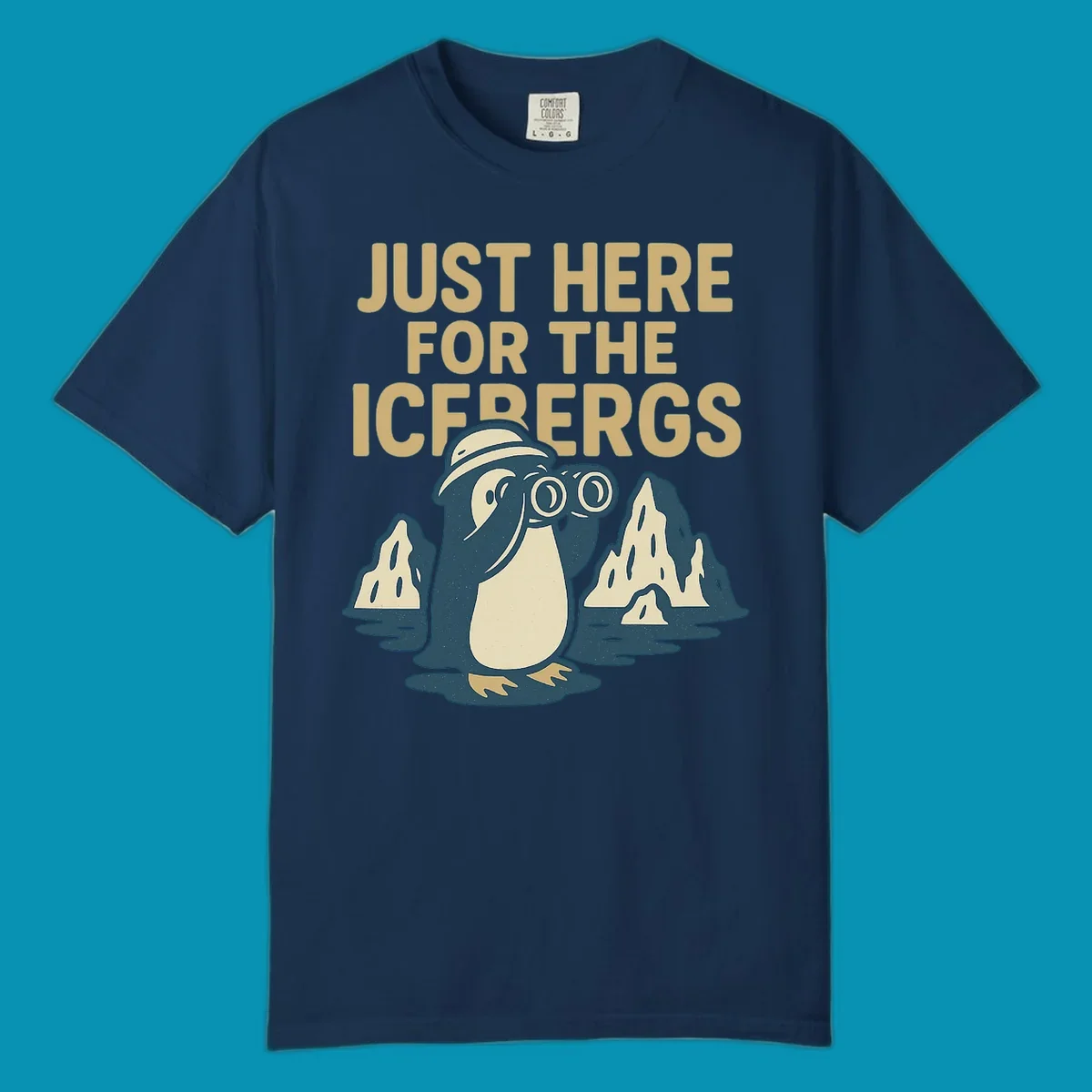 Vintage-style penguin explorer with binoculars among icebergs and 'Just Here For The Icebergs' text, Alaska cruise design