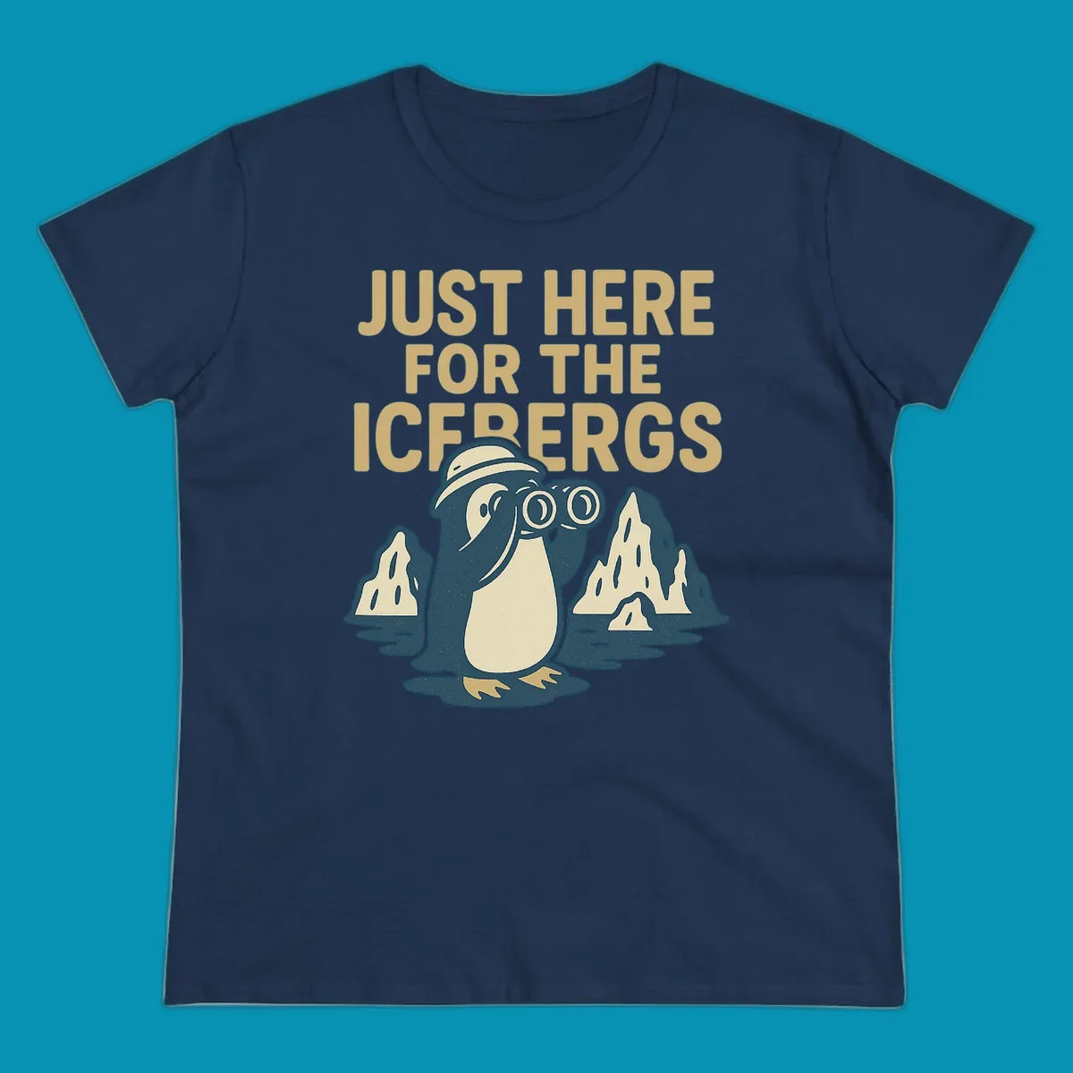 Vintage-style penguin explorer with binoculars among icebergs and 'Just Here For The Icebergs' text, Alaska cruise design