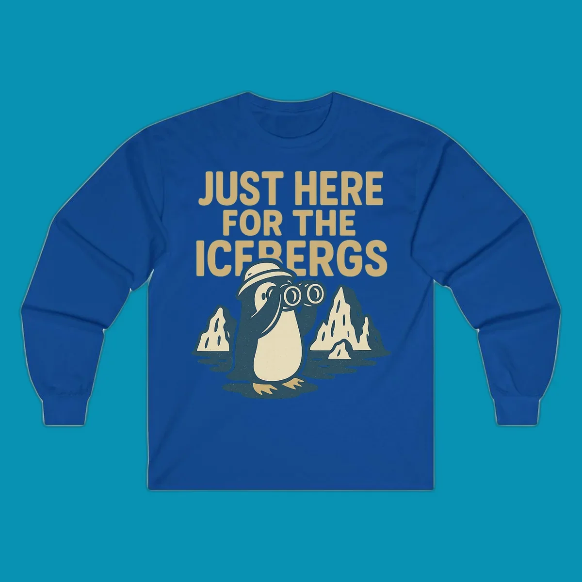 Vintage-style penguin explorer with binoculars among icebergs and 'Just Here For The Icebergs' text, Alaska cruise design