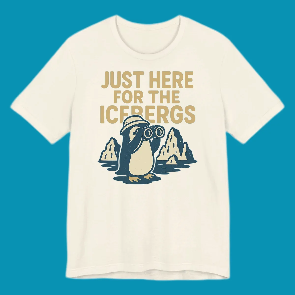 Vintage-style penguin explorer with binoculars among icebergs and 'Just Here For The Icebergs' text, Alaska cruise design