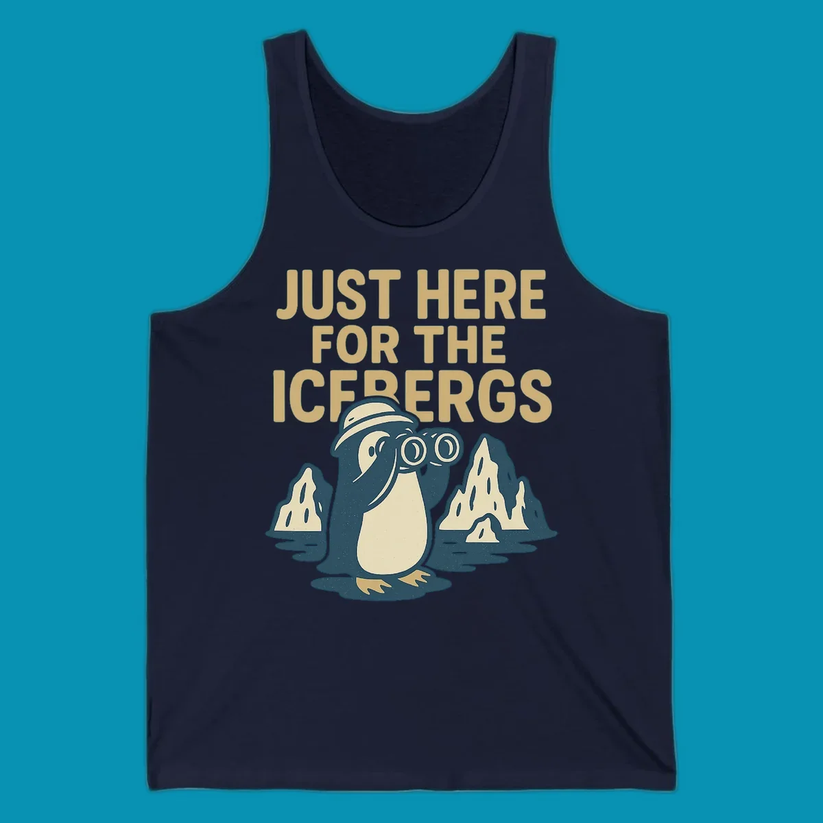 Vintage-style penguin explorer with binoculars among icebergs and 'Just Here For The Icebergs' text, Alaska cruise design