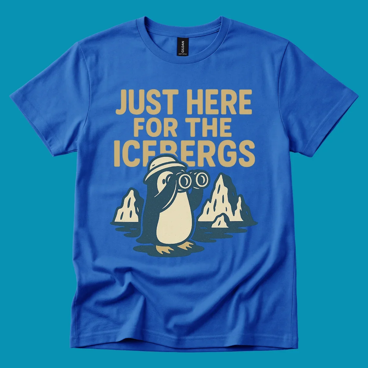 Vintage-style penguin explorer with binoculars among icebergs and 'Just Here For The Icebergs' text, Alaska cruise design