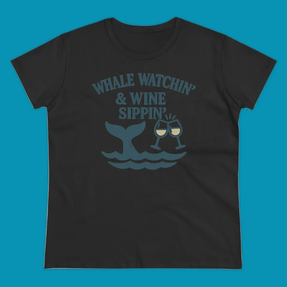 Whale tail and wine glasses illustration with text 'Whale Watchin' & Wine Sippin' for Alaska cruise shirts