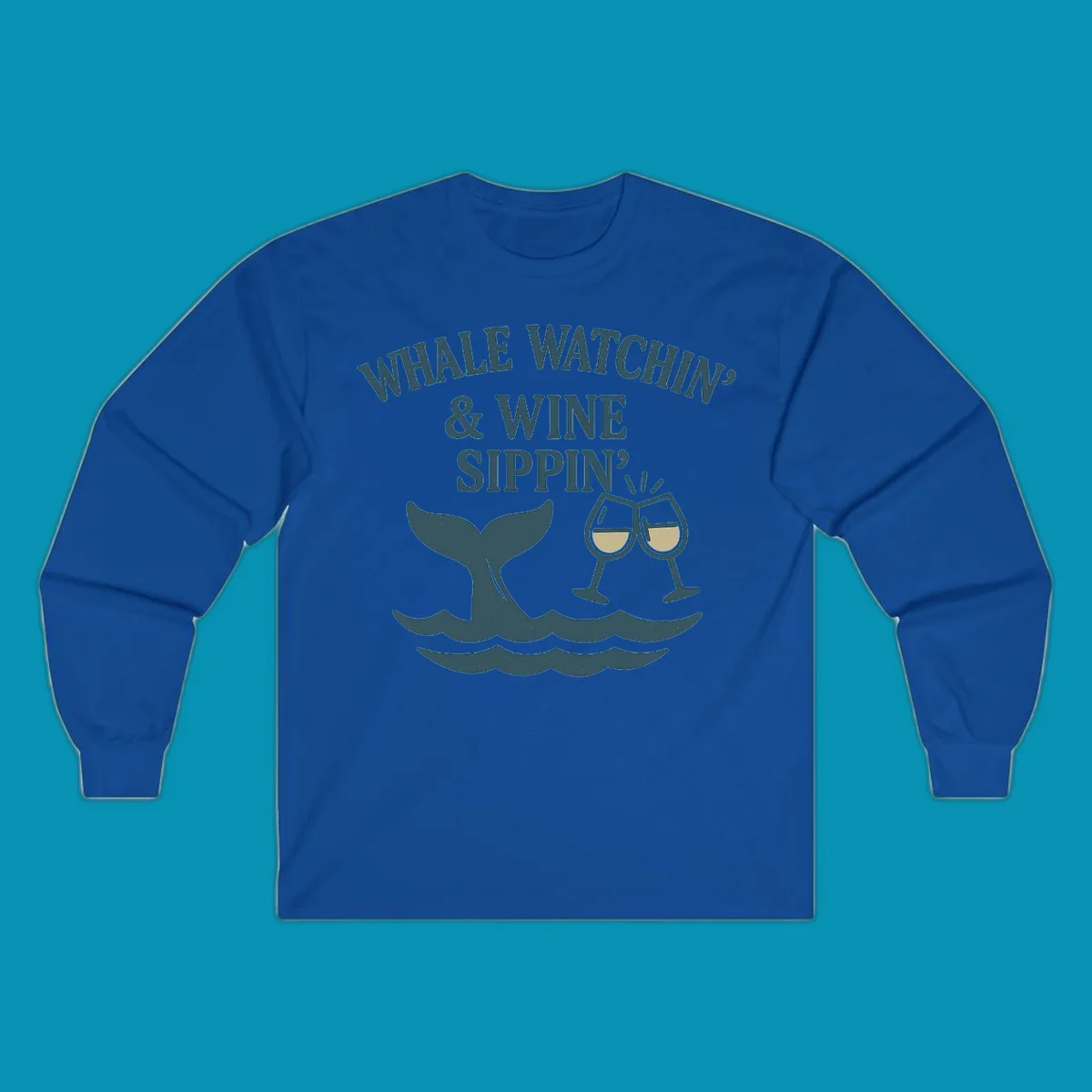 Whale tail and wine glasses illustration with text 'Whale Watchin' & Wine Sippin' for Alaska cruise shirts