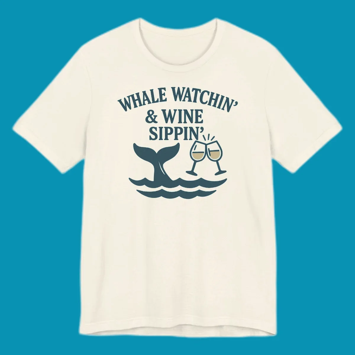 Whale tail and wine glasses illustration with text 'Whale Watchin' & Wine Sippin' for Alaska cruise shirts
