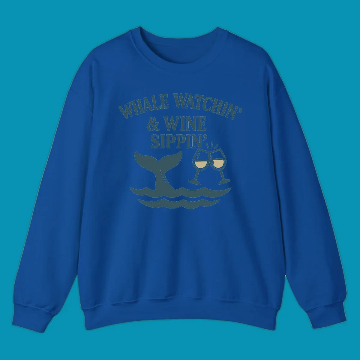 Whale tail and wine glasses illustration with text 'Whale Watchin' & Wine Sippin' for Alaska cruise shirts