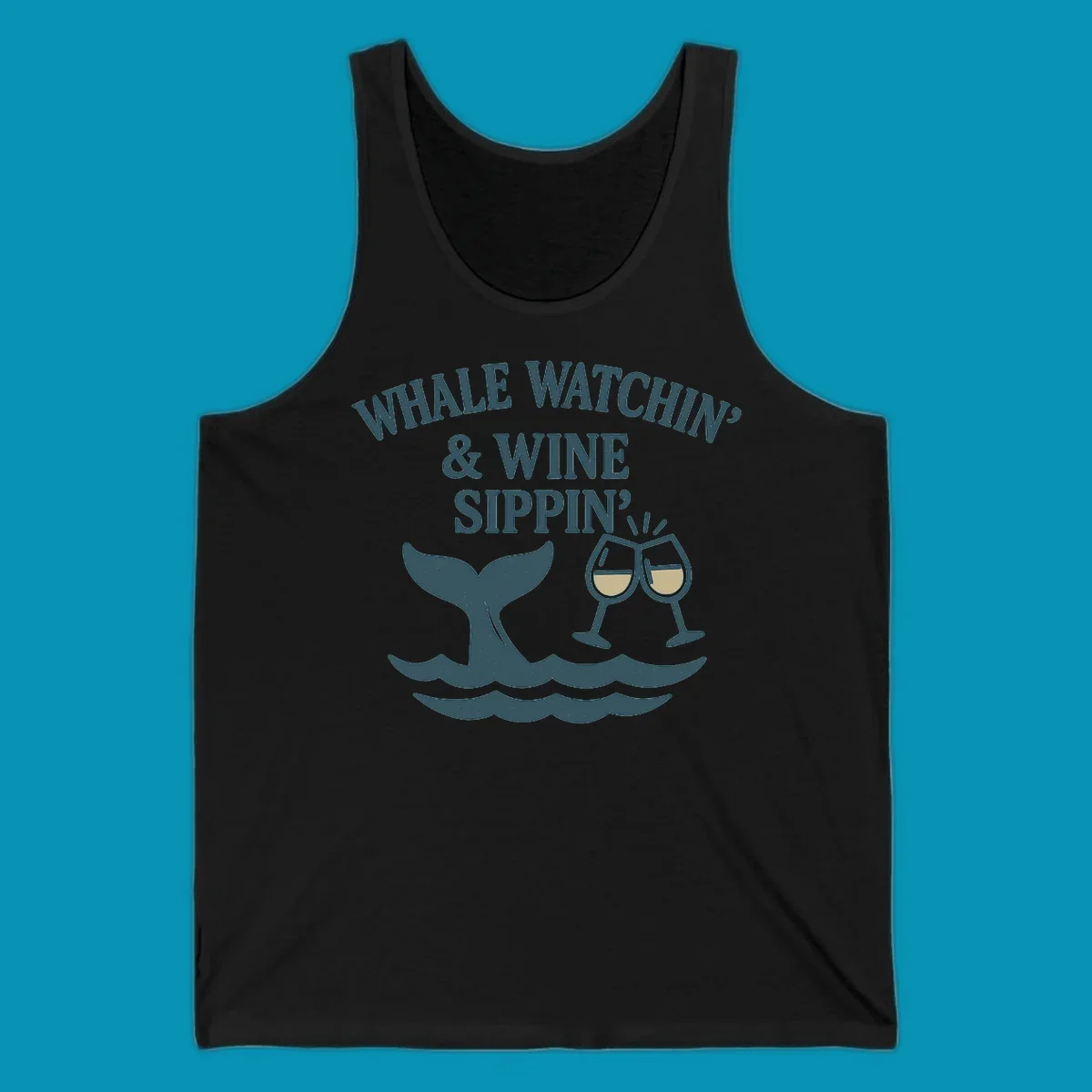 Whale tail and wine glasses illustration with text 'Whale Watchin' & Wine Sippin' for Alaska cruise shirts