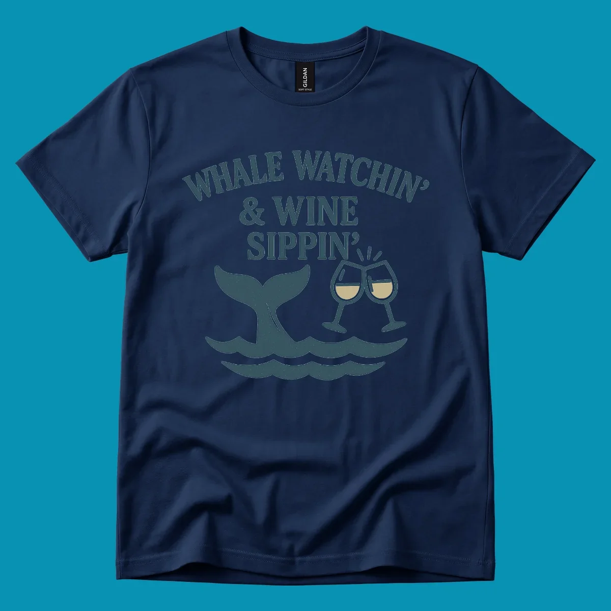 Whale tail and wine glasses illustration with text 'Whale Watchin' & Wine Sippin' for Alaska cruise shirts