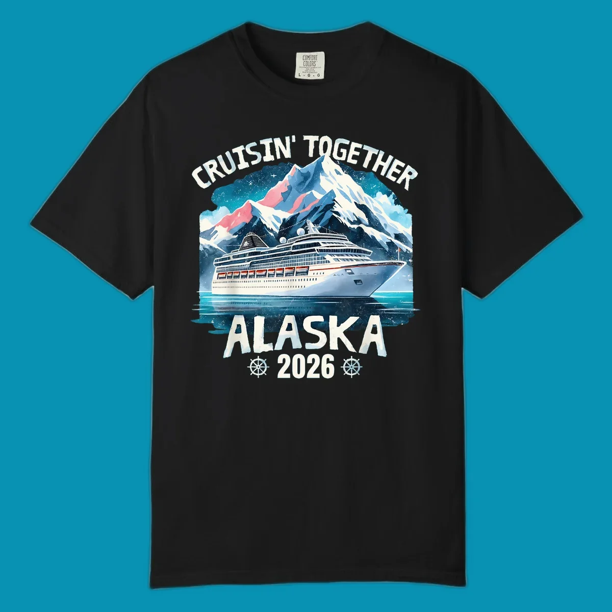 Illustrated cruise ship sailing toward snow-capped mountains under starry sky with text 'Cruising Into Alaska 2025'