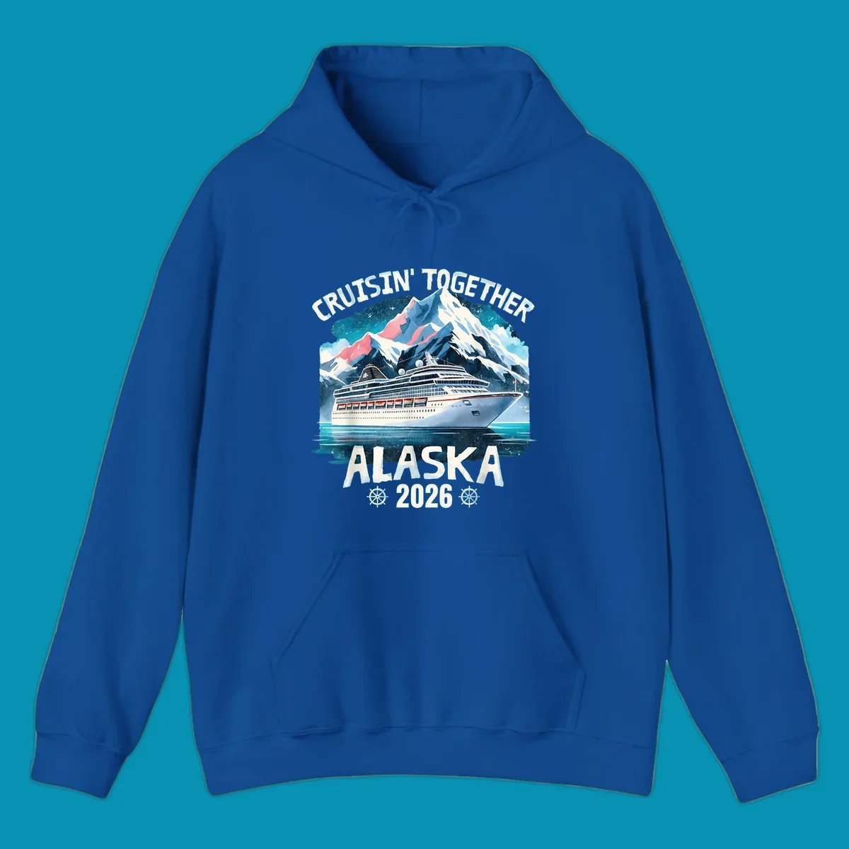 Illustrated cruise ship sailing toward snow-capped mountains under starry sky with text 'Cruising Into Alaska 2025'