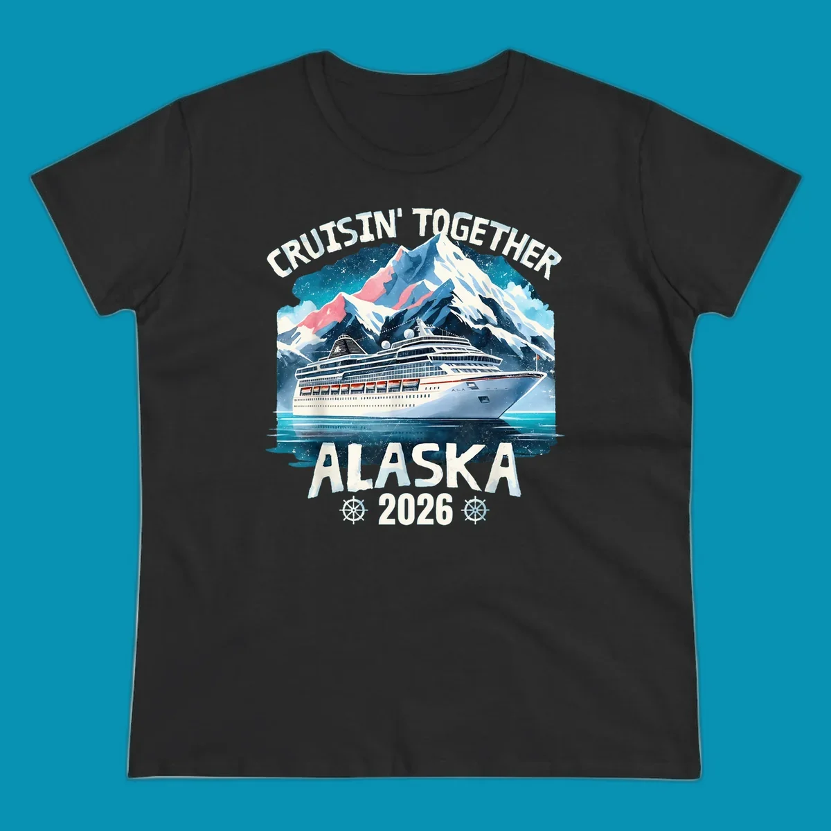 Illustrated cruise ship sailing toward snow-capped mountains under starry sky with text 'Cruising Into Alaska 2025'