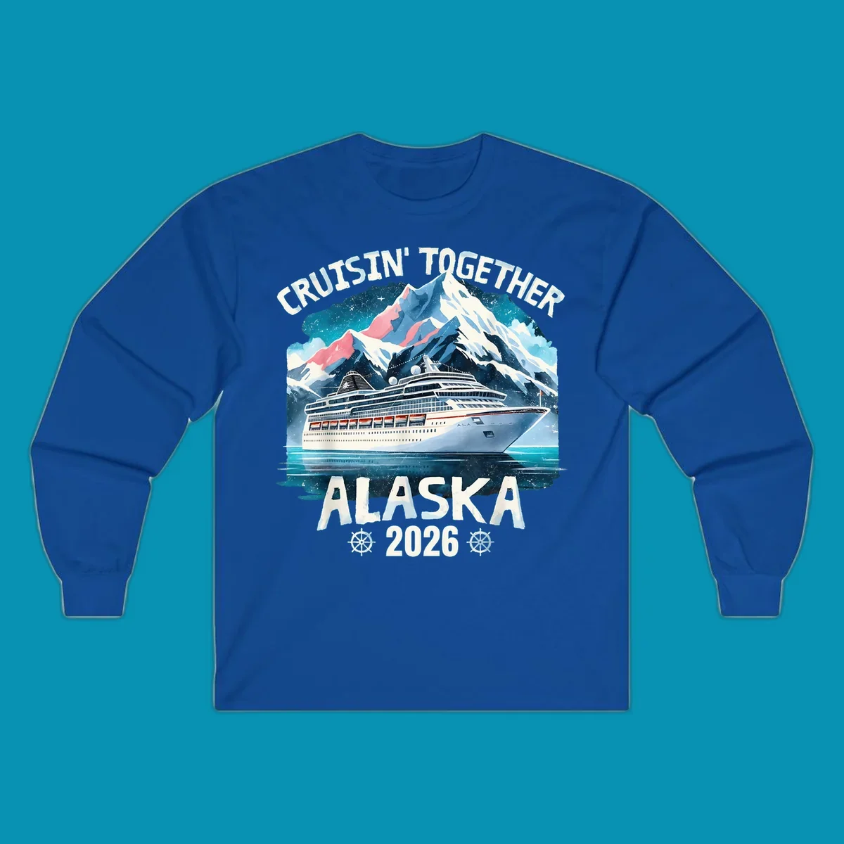 Illustrated cruise ship sailing toward snow-capped mountains under starry sky with text 'Cruising Into Alaska 2025'