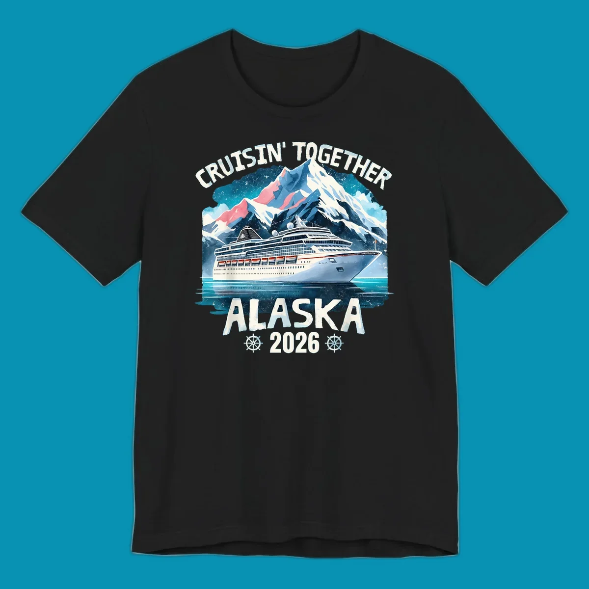 Illustrated cruise ship sailing toward snow-capped mountains under starry sky with text 'Cruising Into Alaska 2025'
