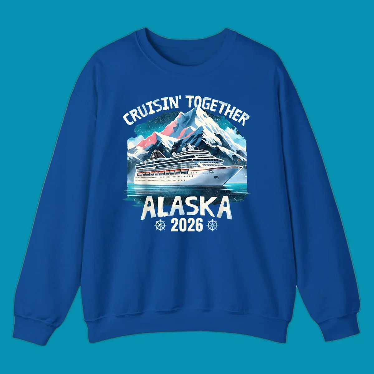 Illustrated cruise ship sailing toward snow-capped mountains under starry sky with text 'Cruising Into Alaska 2025'