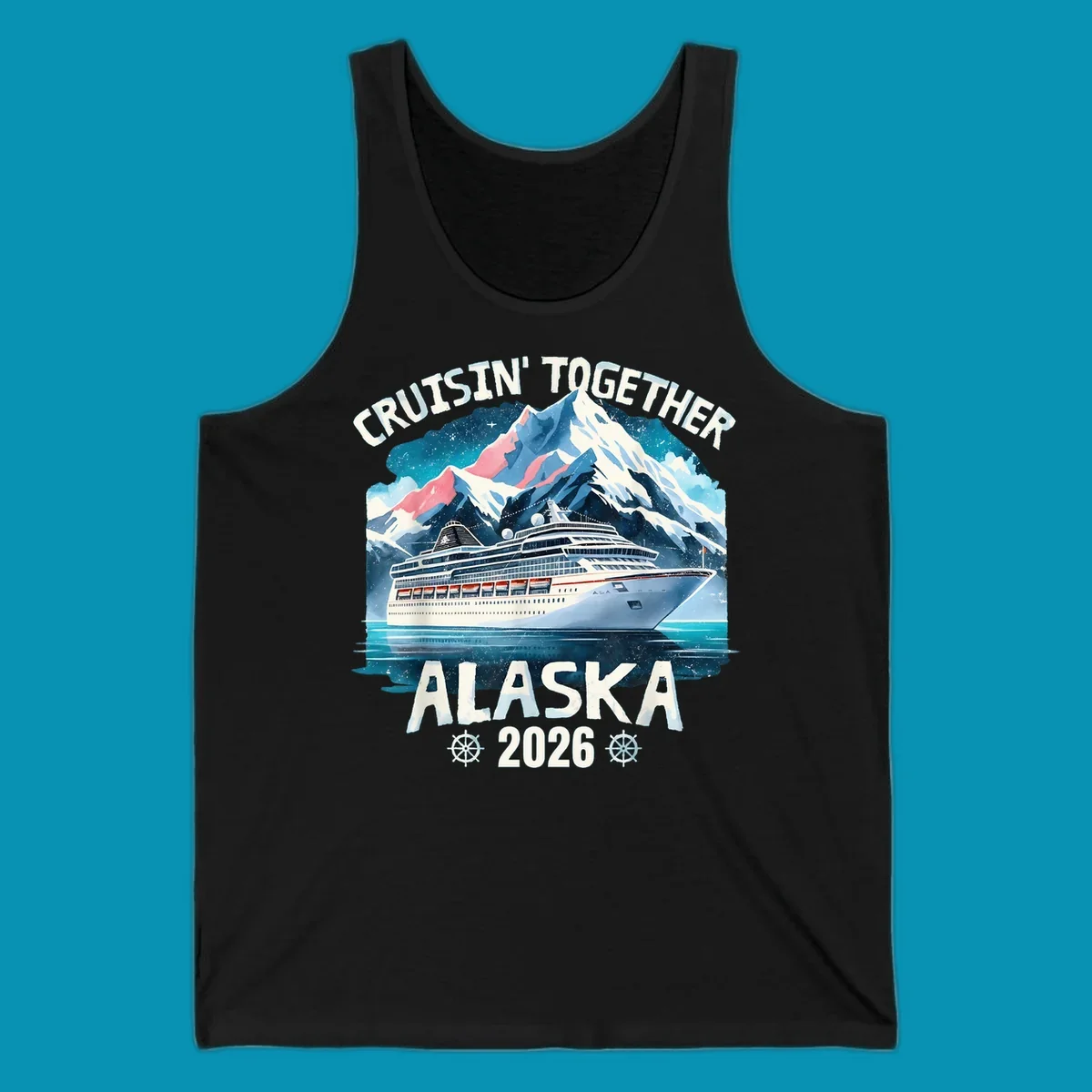 Illustrated cruise ship sailing toward snow-capped mountains under starry sky with text 'Cruising Into Alaska 2025'