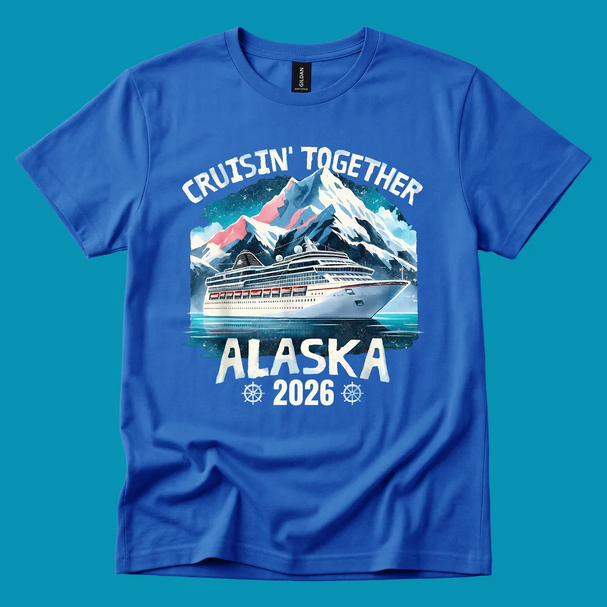 Illustrated cruise ship sailing toward snow-capped mountains under starry sky with text 'Cruising Into Alaska 2025'