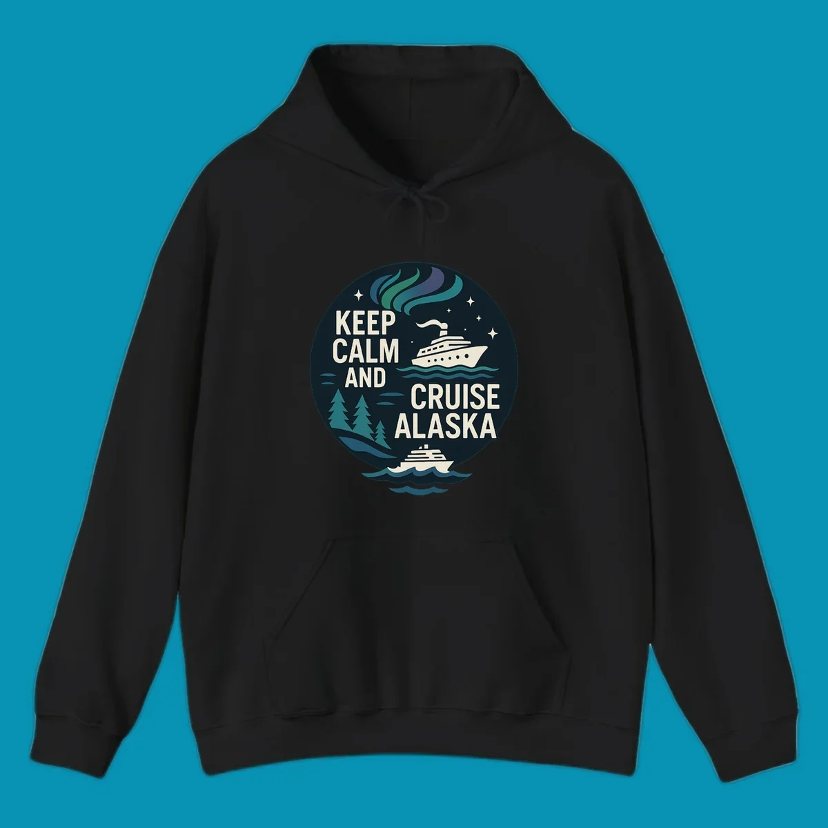 Vintage circular badge design with 'Keep Calm And Cruise Alaska' text, cruise ship, aurora borealis, trees, and stars on dark navy background