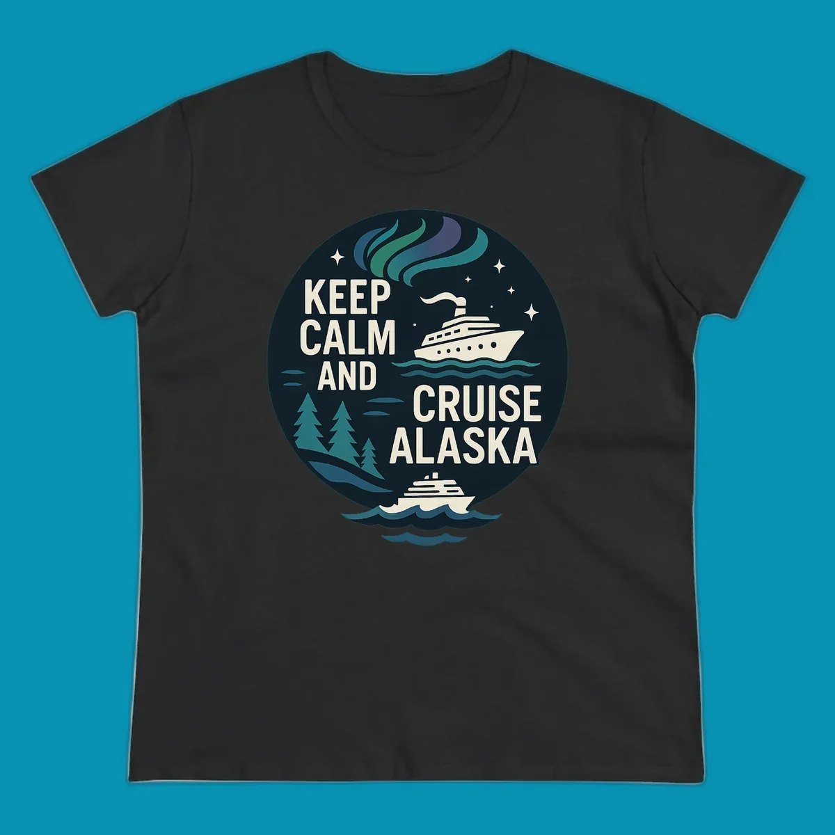 Vintage circular badge design with 'Keep Calm And Cruise Alaska' text, cruise ship, aurora borealis, trees, and stars on dark navy background