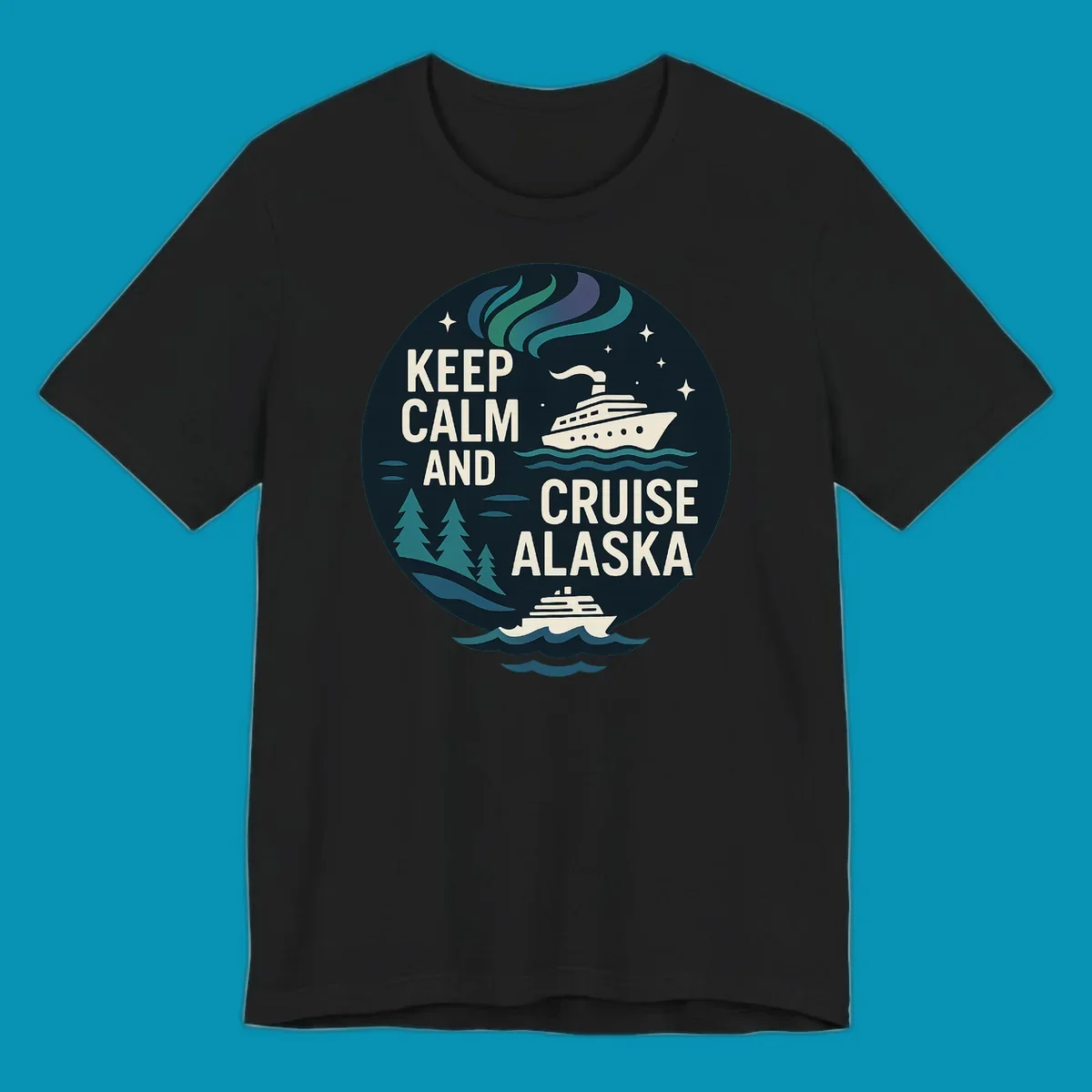 Vintage circular badge design with 'Keep Calm And Cruise Alaska' text, cruise ship, aurora borealis, trees, and stars on dark navy background