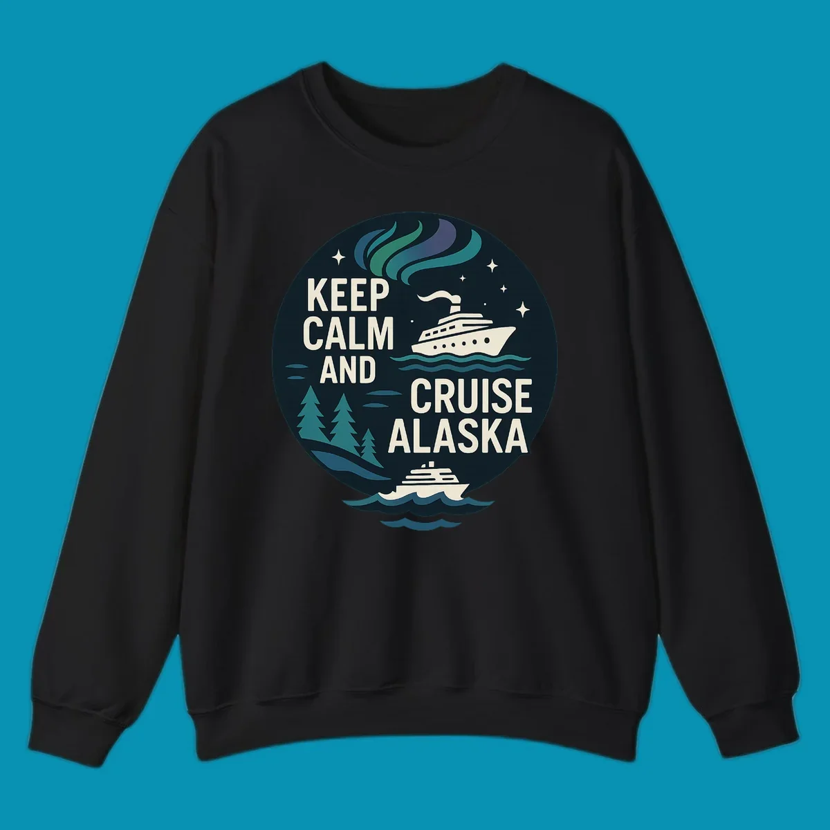 Vintage circular badge design with 'Keep Calm And Cruise Alaska' text, cruise ship, aurora borealis, trees, and stars on dark navy background