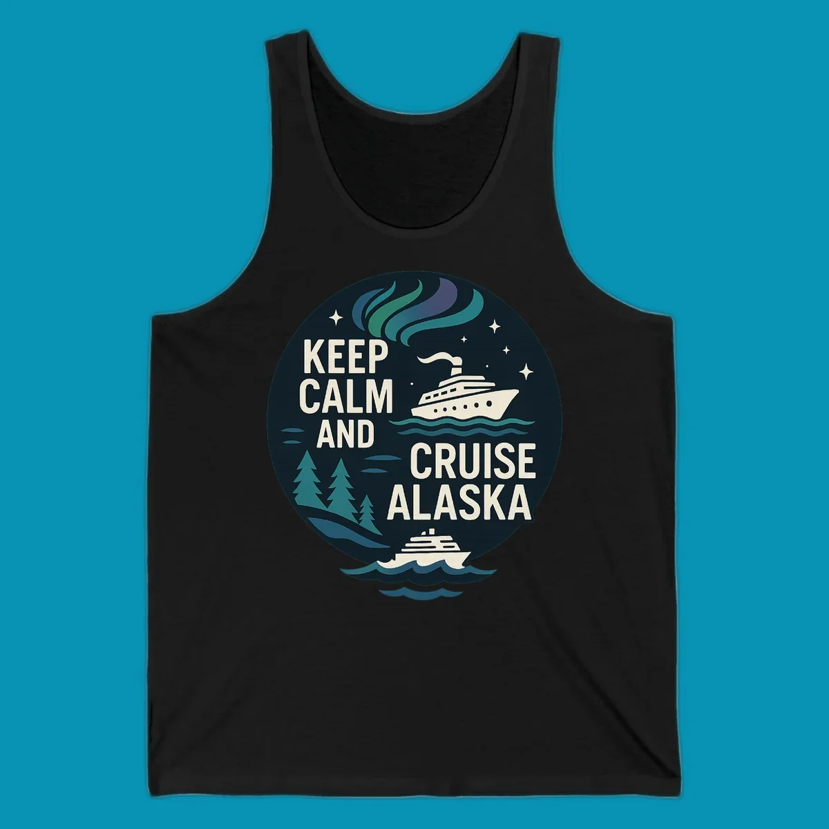 Vintage circular badge design with 'Keep Calm And Cruise Alaska' text, cruise ship, aurora borealis, trees, and stars on dark navy background