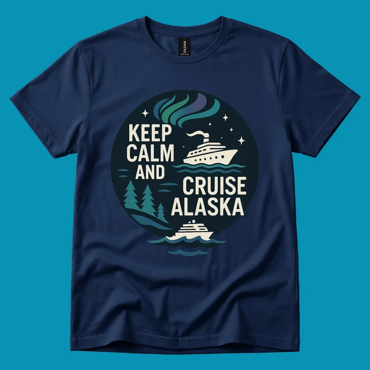 Vintage circular badge design with 'Keep Calm And Cruise Alaska' text, cruise ship, aurora borealis, trees, and stars on dark navy background